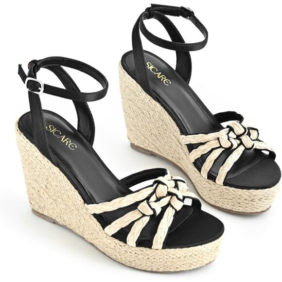 Sicare Open Toe Wedge Raffia Black Women Espadrilles Braided Strappy Sandal - Picture 9 of 10